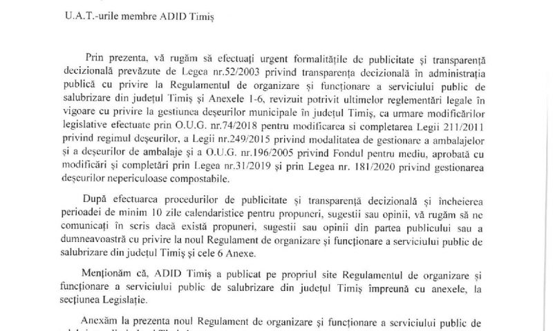 Revizie a Regulamentului de organizare și funcționare a serviciului public de salubrizare