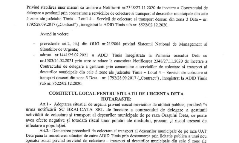 O nouă hotărâre a Comitetului Local pentru Situații de Urgență Deta