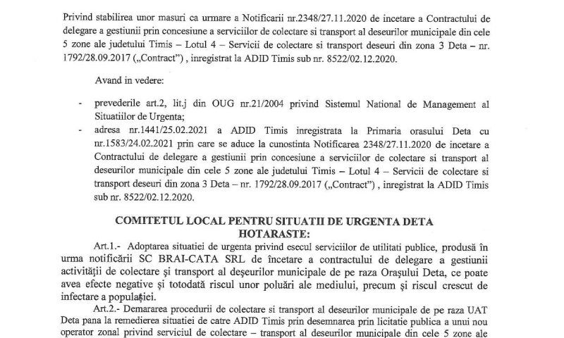 O nouă hotărâre a Comitetului Local pentru Situații de Urgență Deta