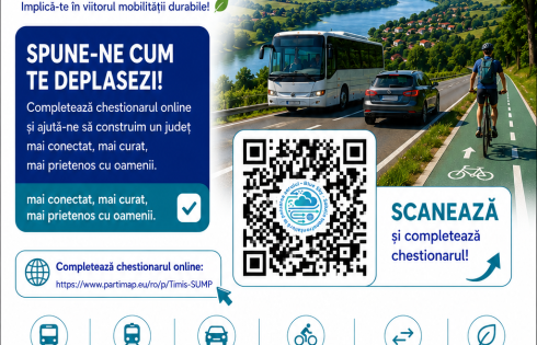 Chestionar public privind mobilitatea la nivelul județului Timiș, lansat în cadrul procesului de elaborare a Planului de Mobilitate Durabilă al Județului Timiș (PMJT) 2025–2040