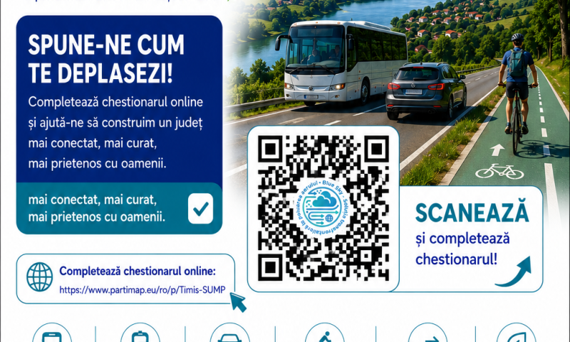 Chestionar public privind mobilitatea la nivelul județului Timiș, lansat în cadrul procesului de elaborare a Planului de Mobilitate Durabilă al Județului Timiș (PMJT) 2025–2040